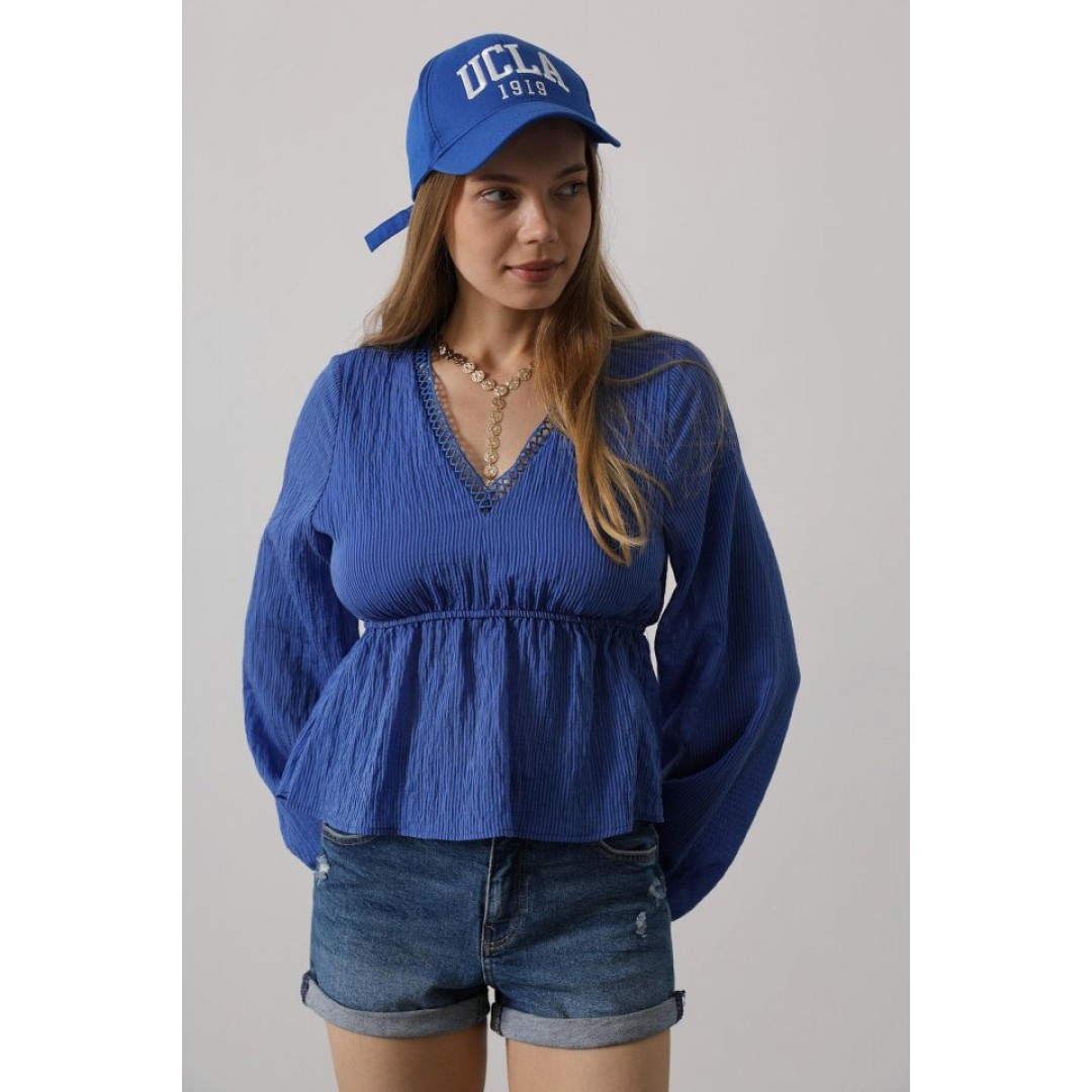 V Yaka Dantelli Bluz - Mavi 162846 V Yaka Dantelli Bluz - Mavi 162846