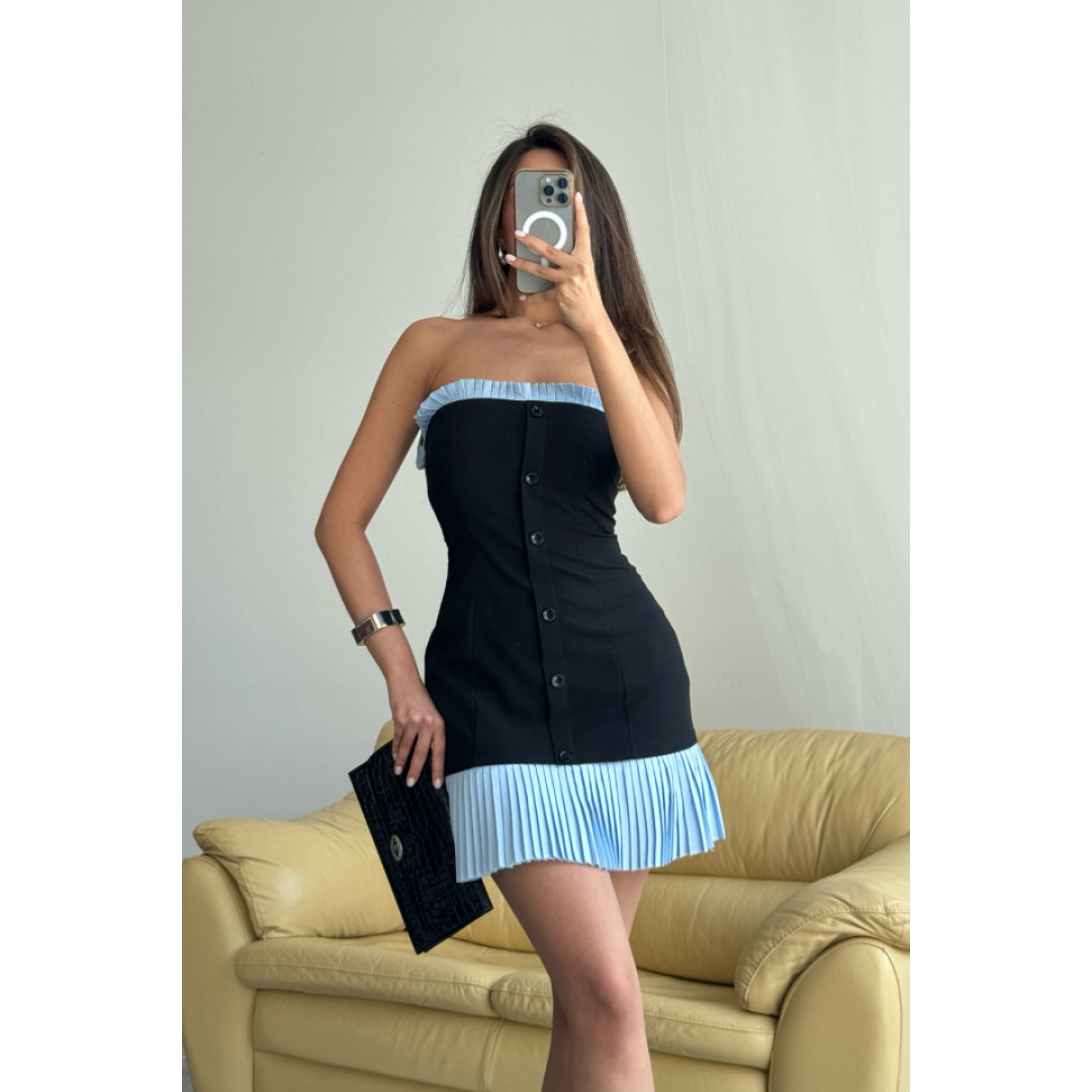 STRAPLEZ POLVİSKON ELBİSE MAVİ FIRFIR DETAYLI - Siyah 159508 STRAPLEZ POLVİSKON ELBİSE MAVİ FIRFIR DETAYLI - Siyah 159508