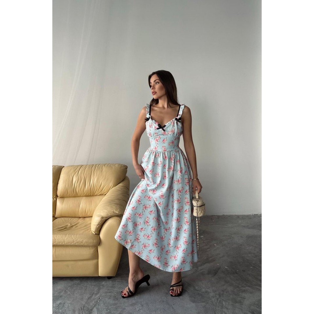 Bebe Mavi Önü Fiyonklu Çiçekli Elbise - 159817 Bebe Mavi Önü Fiyonklu Çiçekli Elbise - 159817