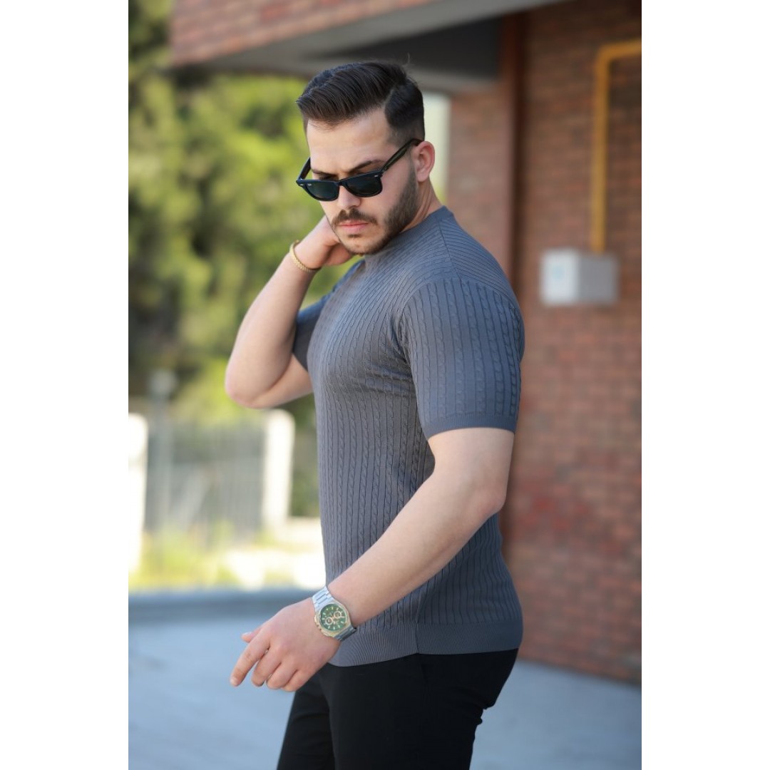 Erkek Bisiklet Yaka örgü Desenli Kısa örme Triko Kısa Kollu T-shirt 161503