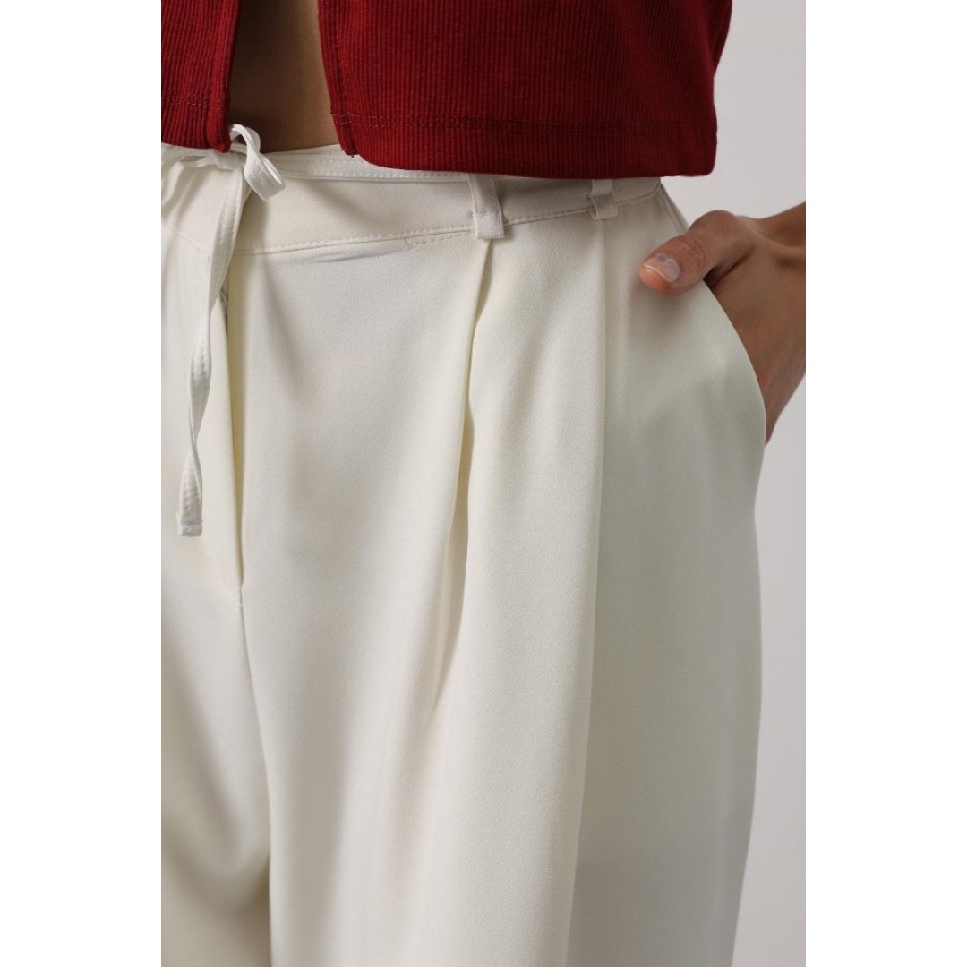 Pileli Bağcıklı Oversize Pantolon - Ekru 162828 Pileli Bağcıklı Oversize Pantolon - Ekru 162828