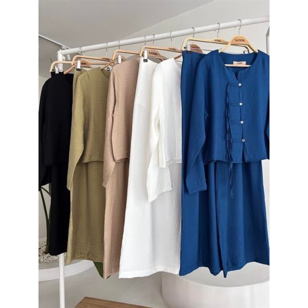 Önü İnce Kordon Detaylı Ve Double Paça Pantolonlu Takım 10180 159420 Önü İnce Kordon Detaylı Ve Double Paça Pantolonlu Takım 10180 159420