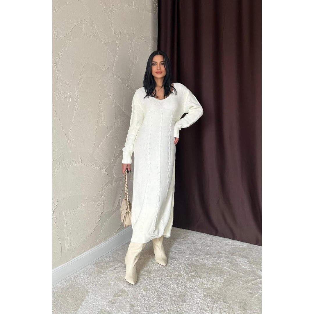 Beyaz Kemerli Triko Elbise - 148253