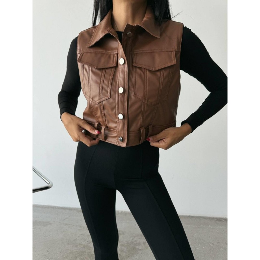 DERİ CROP YELEK - Kahverengi 150465 DERİ CROP YELEK - Kahverengi 150465