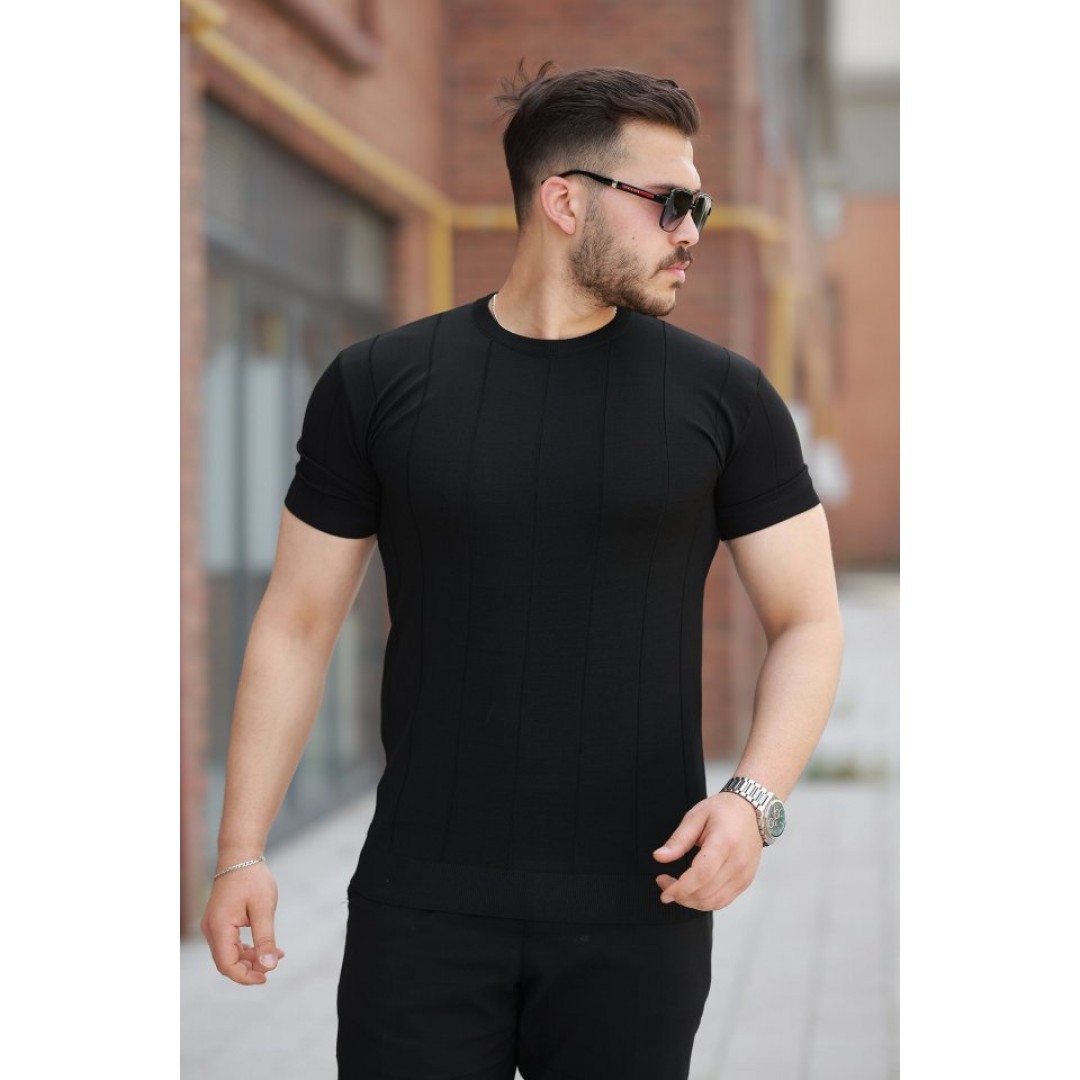 Erkek Ince çizgi Dokulu Bisiklet Yaka Kısa Kollu T-shirt