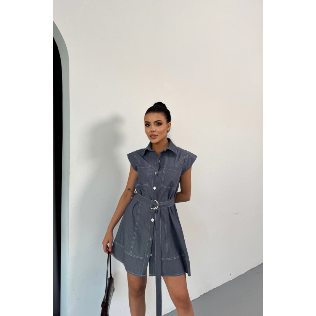 GÖMLEK ELBİSE KOLSUZ TENCEL KUMAŞ - Mavi - 158648 GÖMLEK ELBİSE KOLSUZ TENCEL KUMAŞ - Mavi - 158648