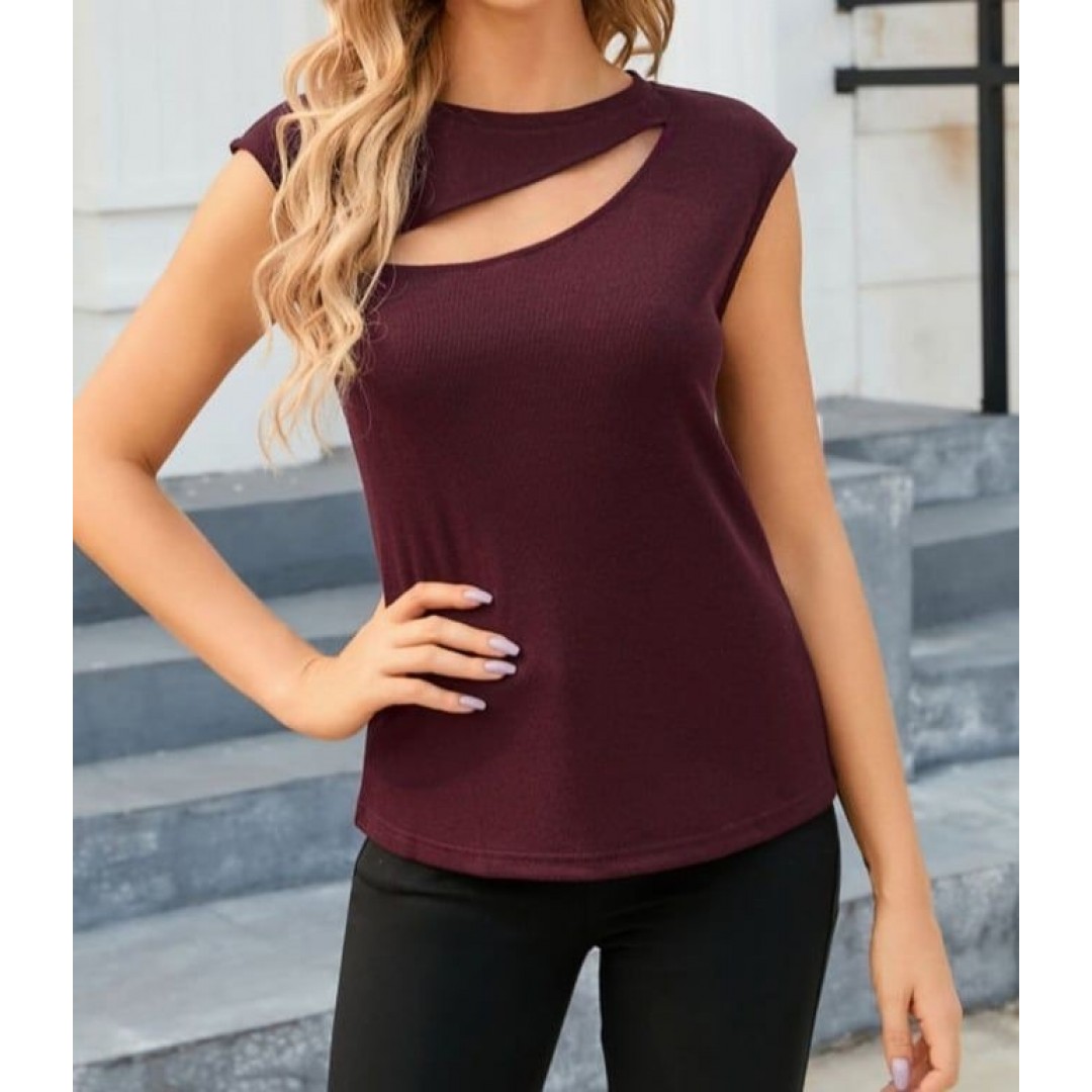 Kadın Sıfır Kol Pencere Detay Viskon T-shirt 159365