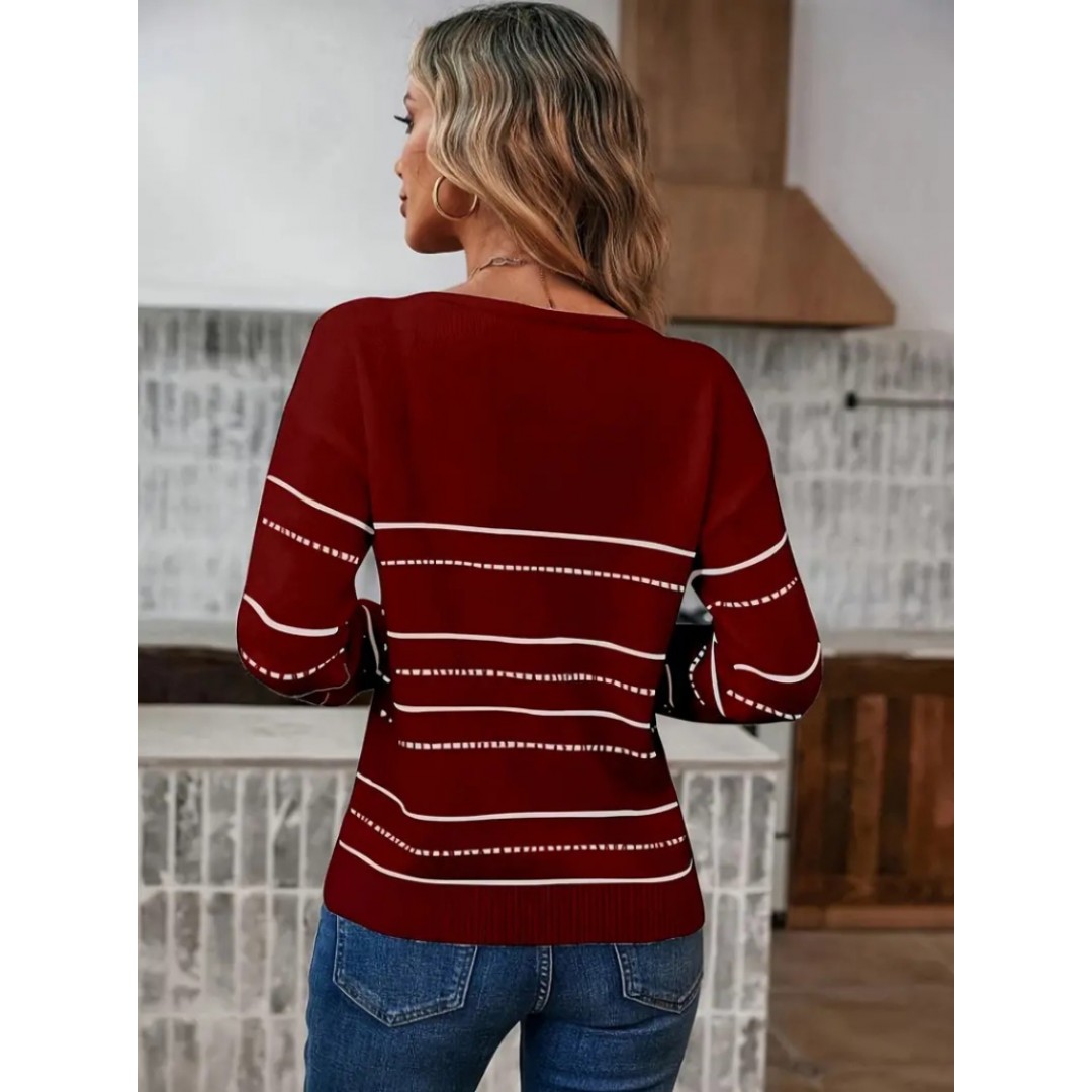 Kadın Uzun Kollu Derin V Yakalı çizgi Desenli Triko Bluz - 134522 Kadın Uzun Kollu Derin V Yakalı çizgi Desenli Triko Bluz - 134522
