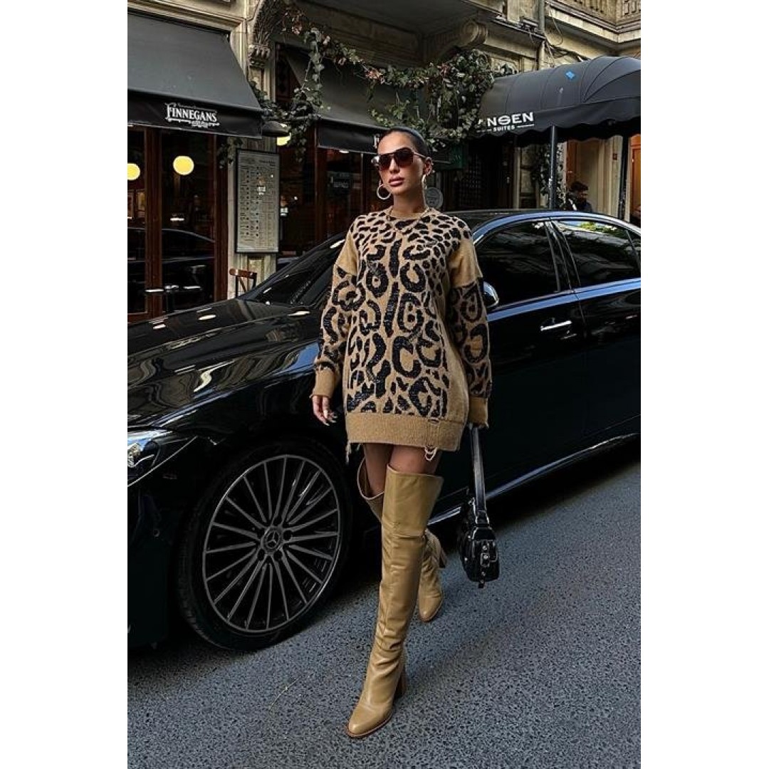 Leopar Desenli Yırtık Detaylı Kazak 1344 158385 Leopar Desenli Yırtık Detaylı Kazak 1344 158385