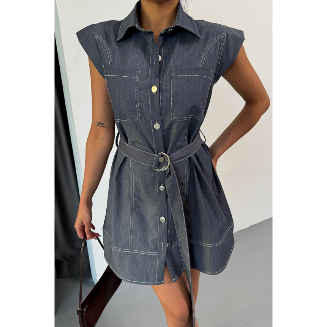 GÖMLEK ELBİSE KOLSUZ TENCEL KUMAŞ - Mavi - 158648 GÖMLEK ELBİSE KOLSUZ TENCEL KUMAŞ - Mavi - 158648