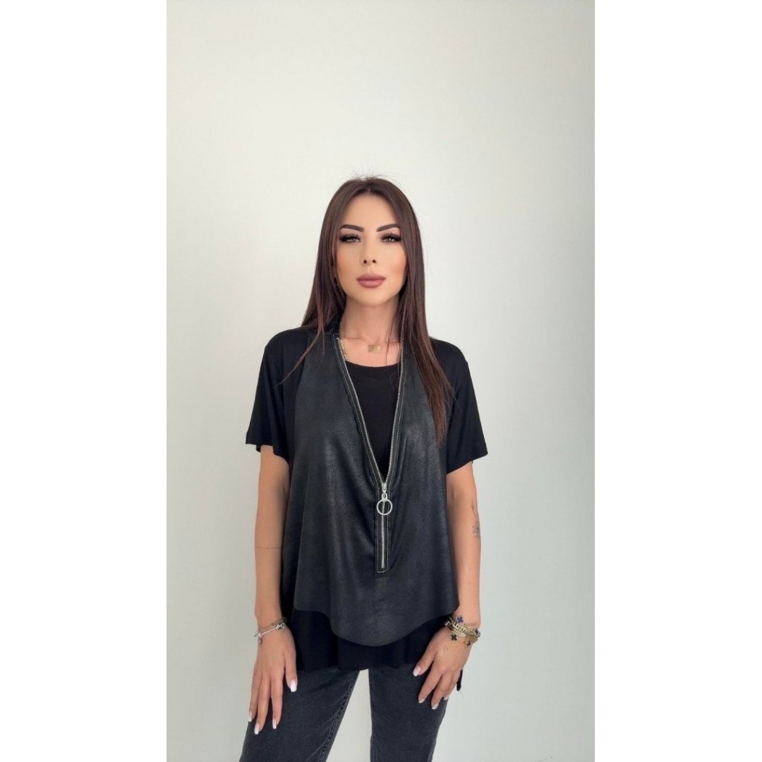 Kadın Kısa Kollu Yuvarlak Yaka Viskon Bluz + Kolsuz Fermuarlı çatlak Deri Yelek 163416 Kadın Kısa Kollu Yuvarlak Yaka Viskon Bluz + Kolsuz Fermuarlı çatlak Deri Yelek 163416
