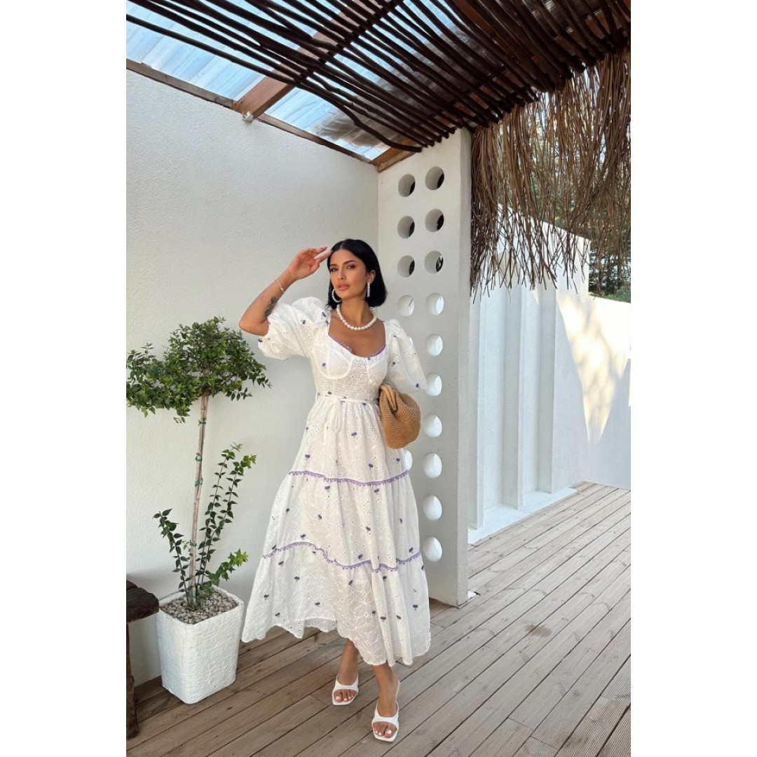Lila Dantel Detaylı Brode Elbise - 153658 Lila Dantel Detaylı Brode Elbise - 153658