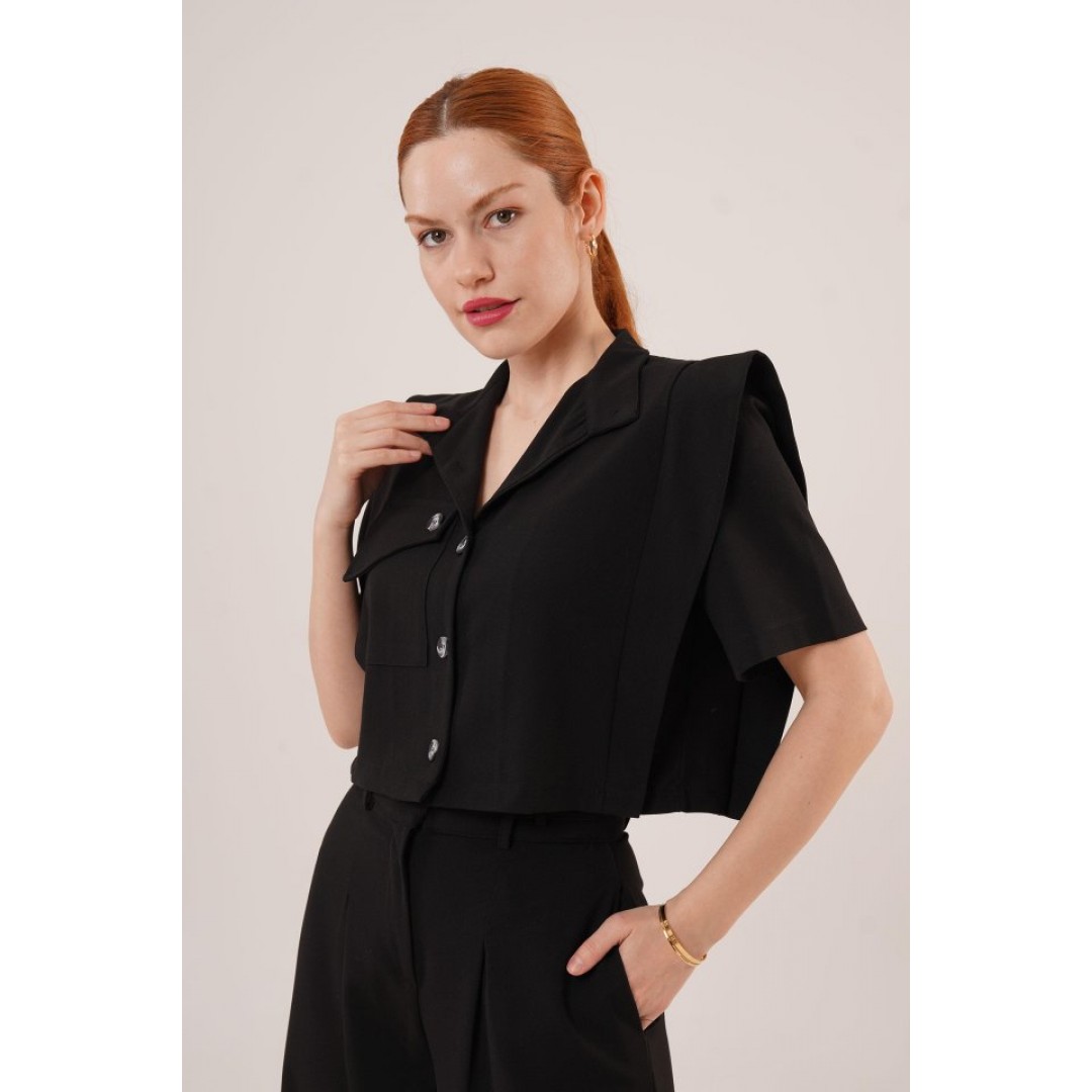 Cepli Düğmeli Bluz Ve Diz Detaylı Pantolon Siyah İkili Takım 149617 Cepli Düğmeli Bluz Ve Diz Detaylı Pantolon Siyah İkili Takım 149617
