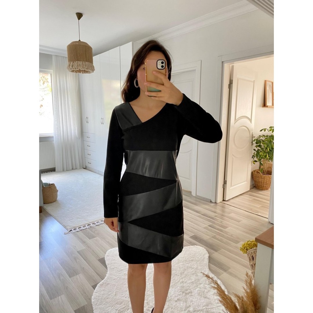 Kadın Uzun Kollu Asimetrik Yaka Süet Ve Deri Mini Boy Elbise - 133965 Kadın Uzun Kollu Asimetrik Yaka Süet Ve Deri Mini Boy Elbise - 133965