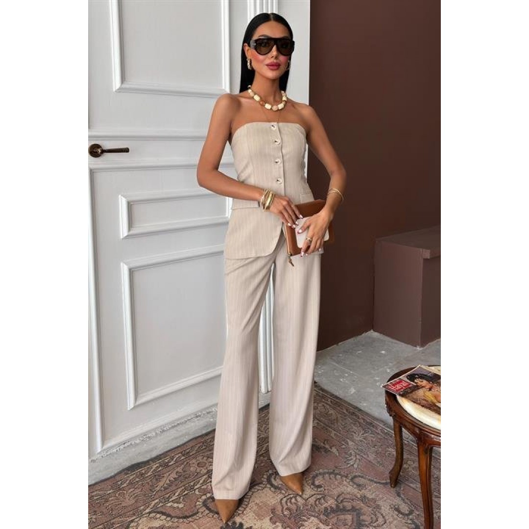 Straplez Büstiyerli Plazzo Pantolonlu Çizgili Takım 10151 159269 Straplez Büstiyerli Plazzo Pantolonlu Çizgili Takım 10151 159269