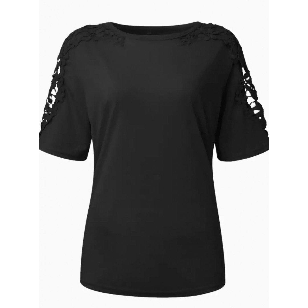 Kadın Kısa Kollu Bisiklet Yaka Kolları çiçekli Güpür Detay Viskon Bluz - 162060 Kadın Kısa Kollu Bisiklet Yaka Kolları çiçekli Güpür Detay Viskon Bluz - 162060