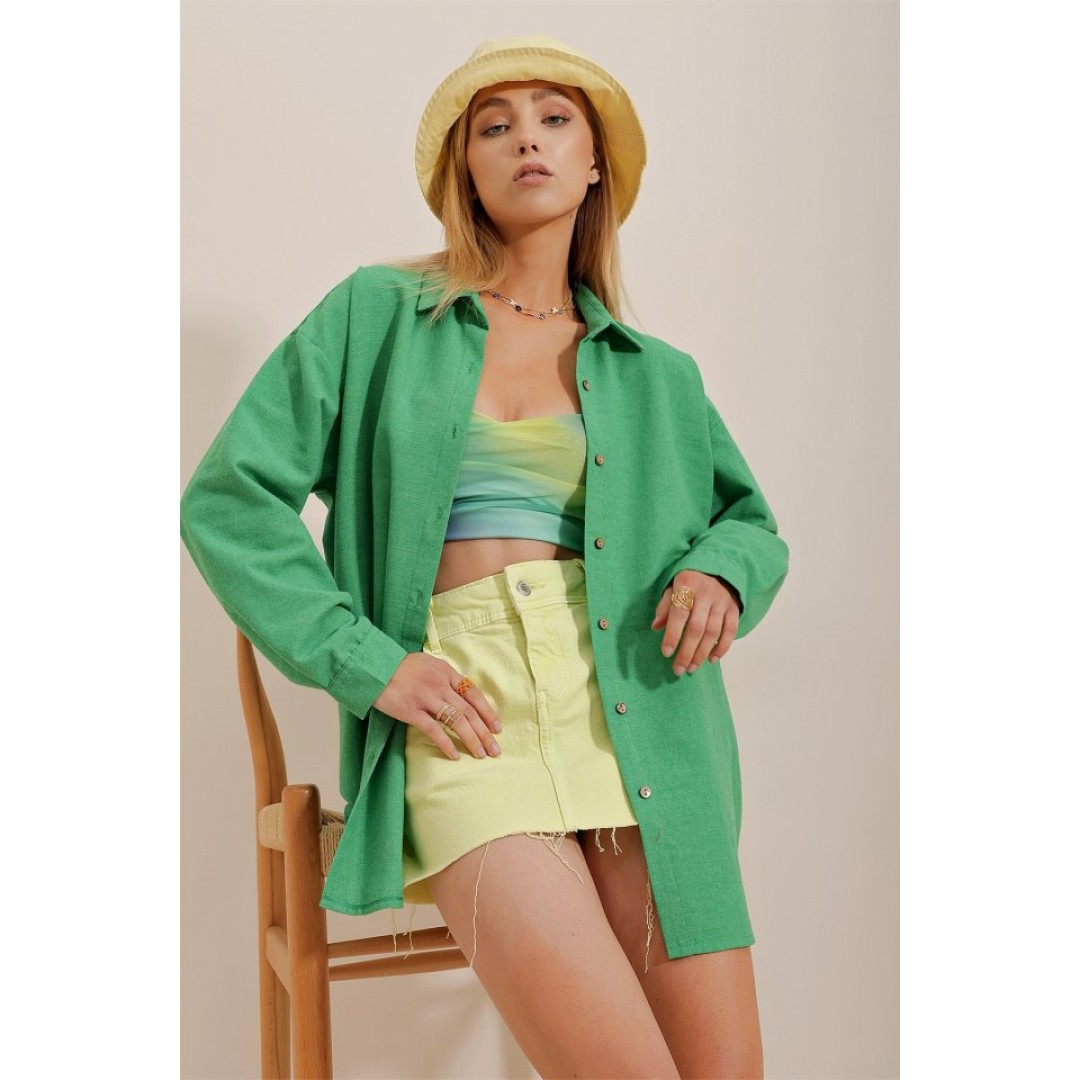 Kadın Keten Kumaş Oversize Gömlek - 159583 Kadın Keten Kumaş Oversize Gömlek - 159583