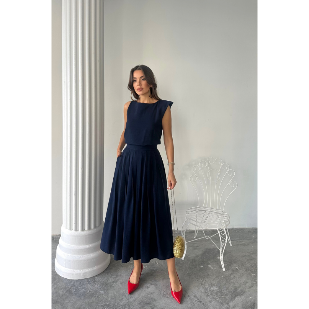 KETEN KOLSUZ BLUZ - MAXİ ETEK TAKIM - Lacivert 161851 KETEN KOLSUZ BLUZ - MAXİ ETEK TAKIM - Lacivert 161851