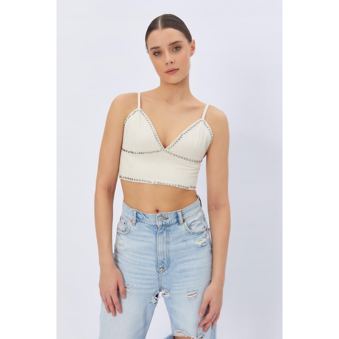 Zımbalı Askılı Bluz - Krem 151320