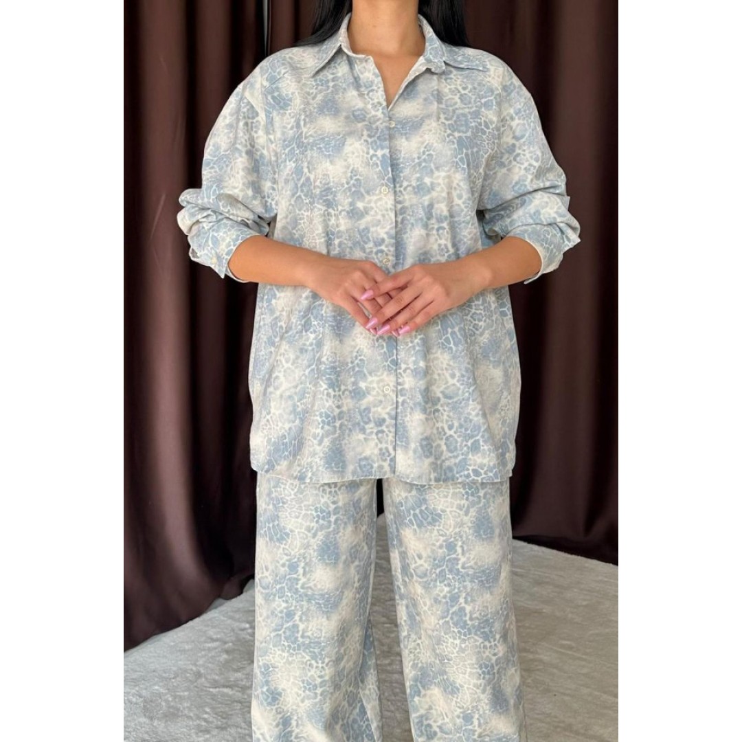 Mavi Leopar Desenli Ceket Ve Pantolon Keten Takım 149010 Mavi Leopar Desenli Ceket Ve Pantolon Keten Takım 149010