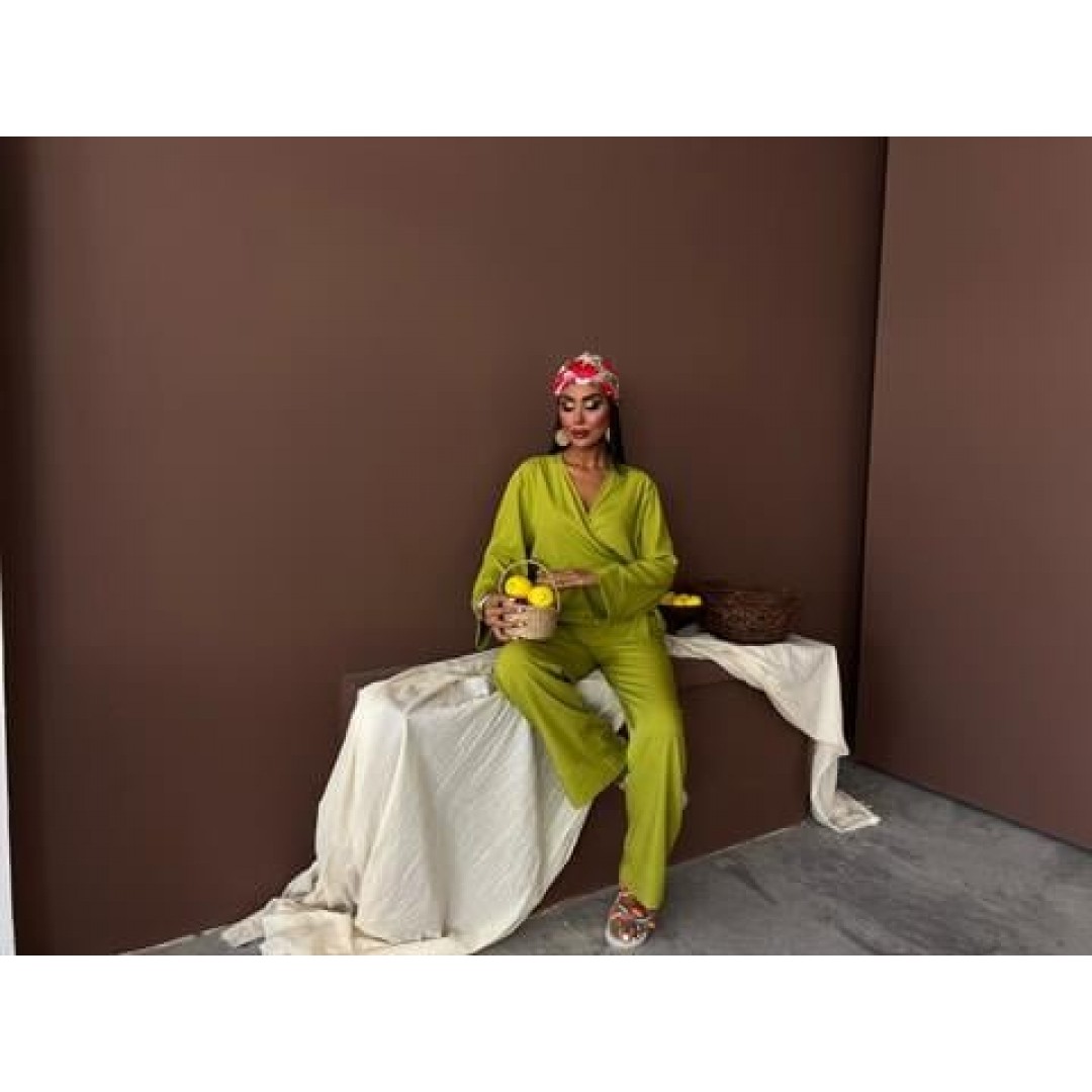 Kruvaze Model Klasik Pantolonlu Çupra Keten Takım 10191 159445