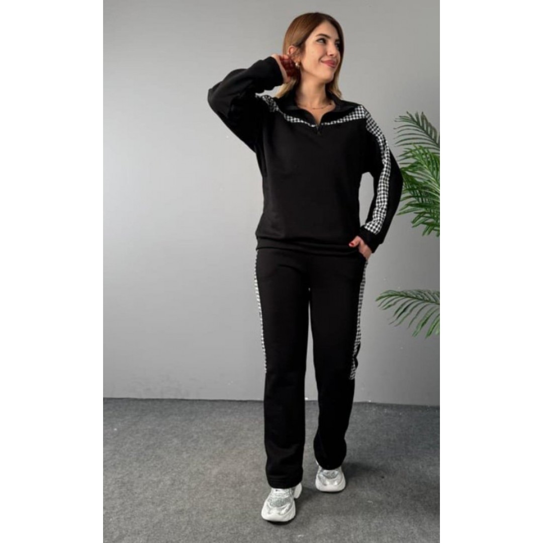 Kadın Fermuar Ve Ekose Detay Sweatshirt Ve Pantolon üç Iplik Kumaş Ikili Takım