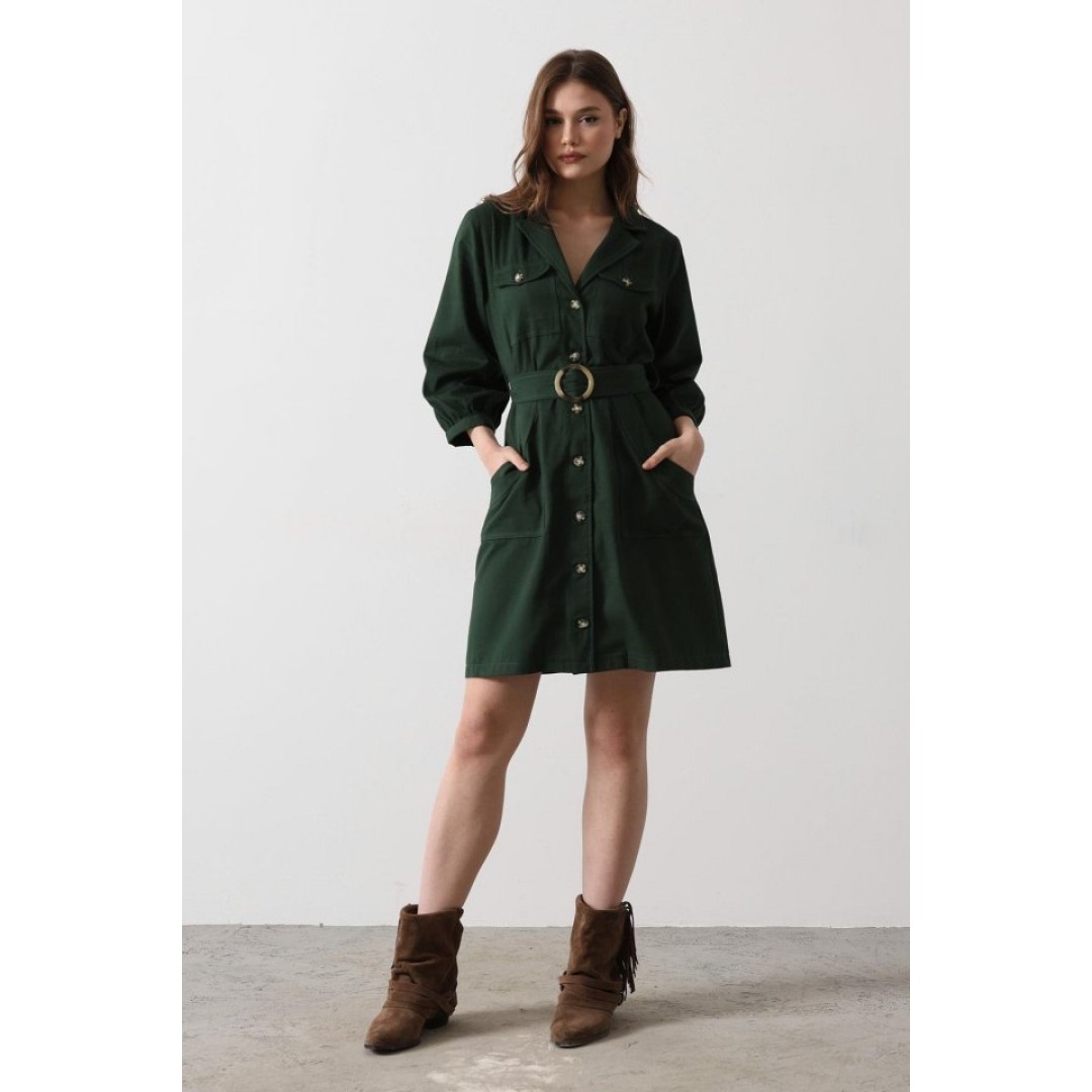 Kemer Detaylı Gabardin Elbise - Haki - 151604 Kemer Detaylı Gabardin Elbise - Haki - 151604