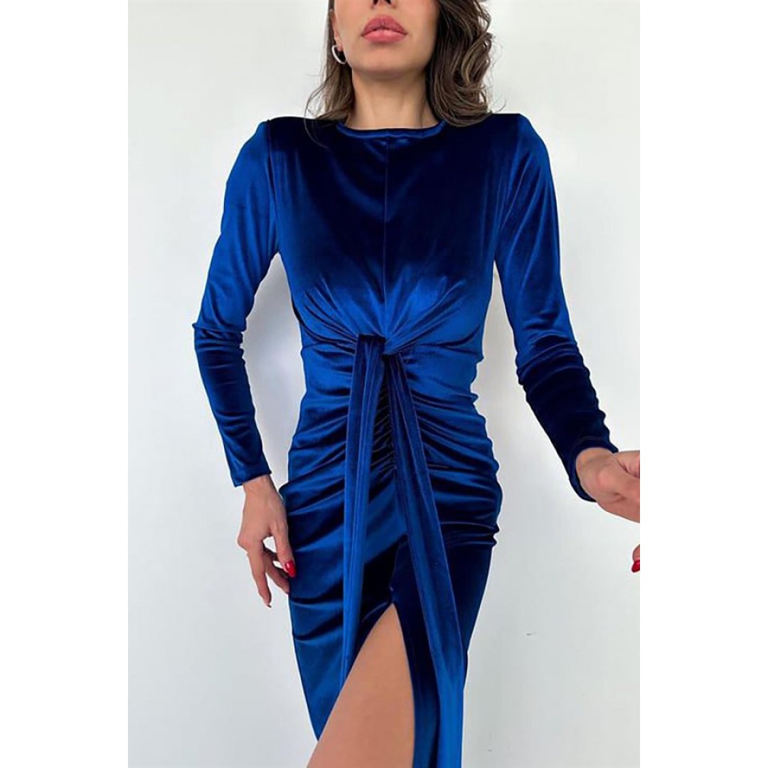 Saks Bağlamalı Kadife Elbise 151754 Saks Bağlamalı Kadife Elbise 151754