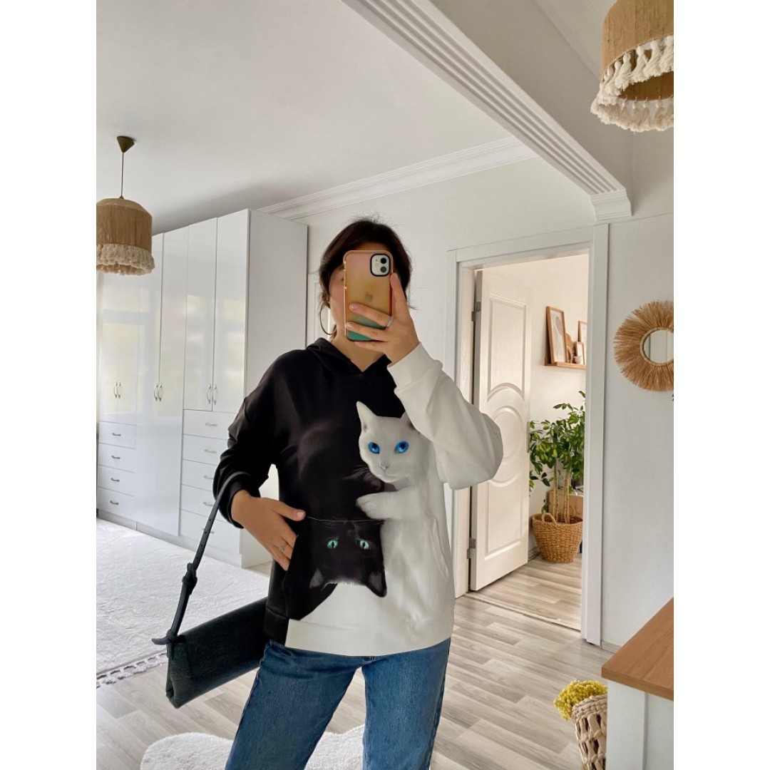 Kadın Uzun Kollu Kapşonlu Bağcıklı Kedi Desenli şardonlu Dalgıç Bluz - 134701 Kadın Uzun Kollu Kapşonlu Bağcıklı Kedi Desenli şardonlu Dalgıç Bluz - 134701