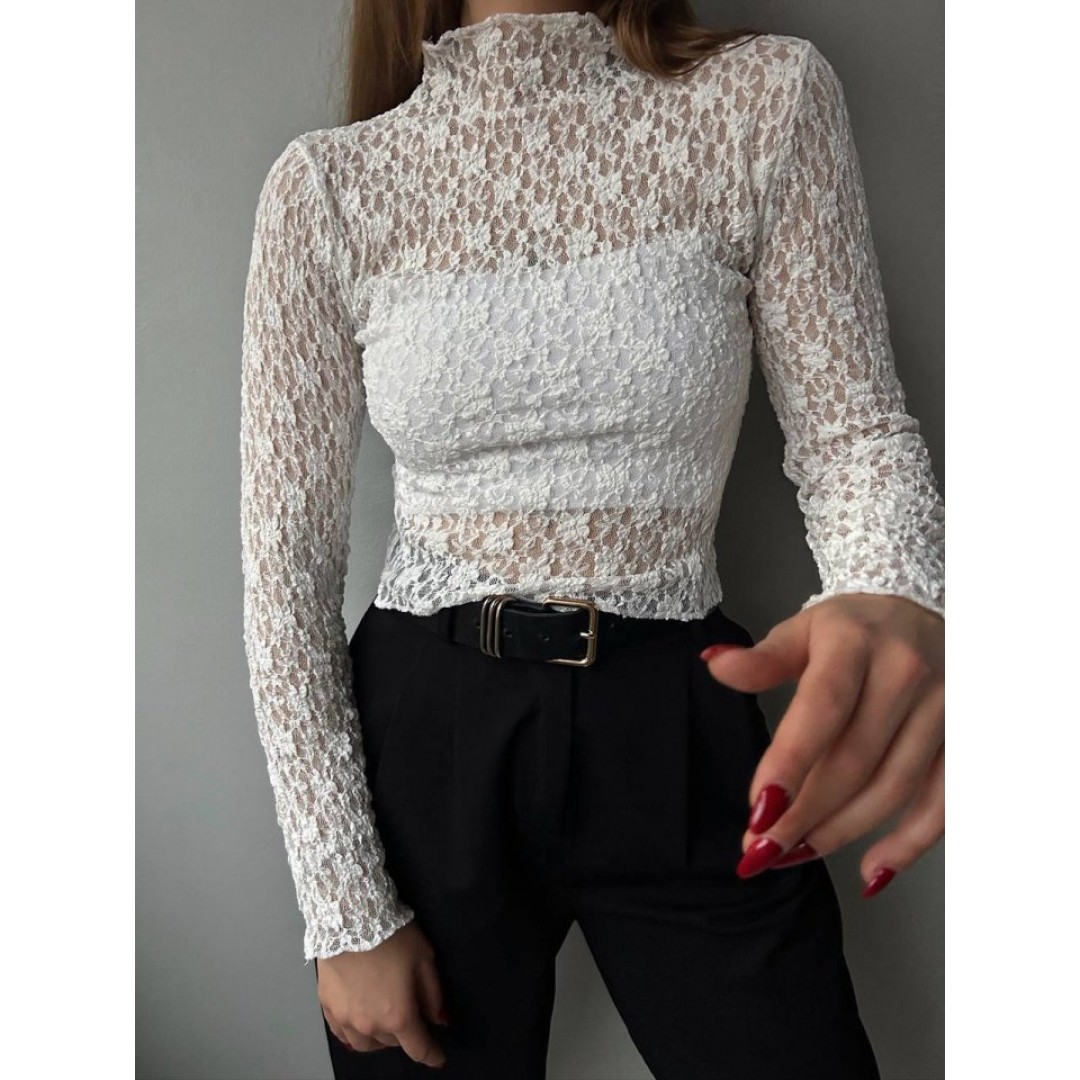 Kadın Likralı Dantel Transparan Uzun Kol Crop Bluz - 156150 Kadın Likralı Dantel Transparan Uzun Kol Crop Bluz - 156150