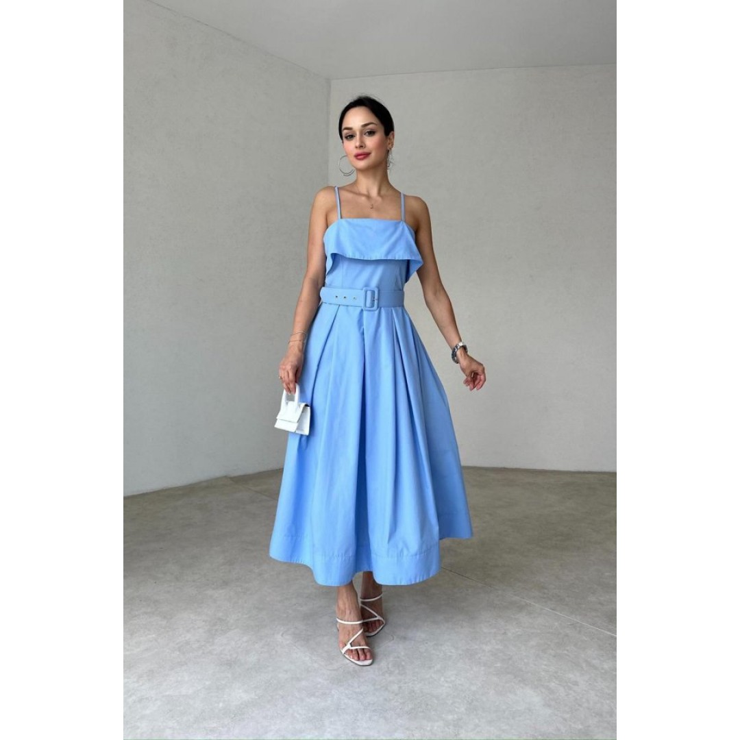 Mavi Beli Kemerli Pileli Elbise - 153842 Mavi Beli Kemerli Pileli Elbise - 153842