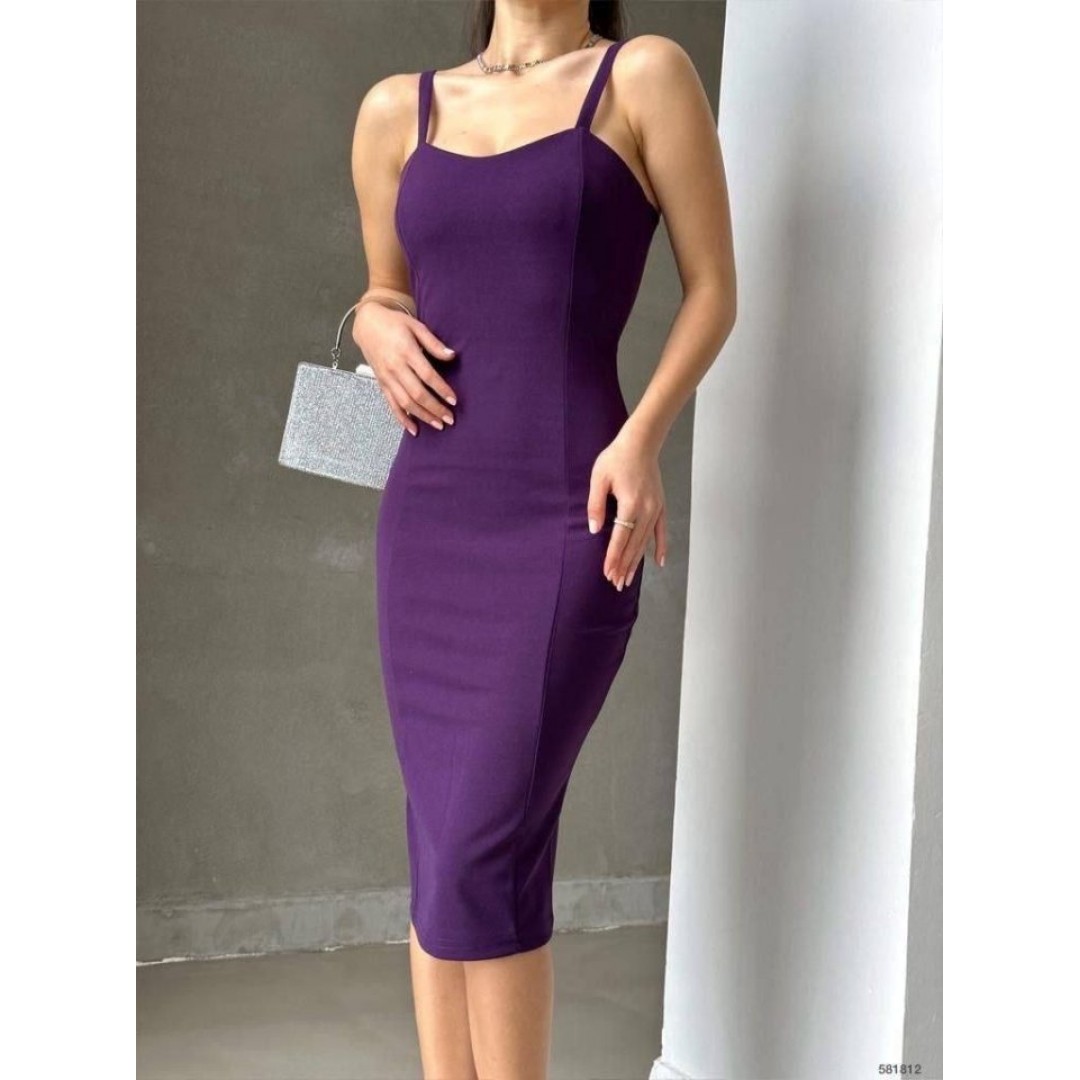 Kadın Dalgıç Krep Kumaş Askılı Midi Boy Elbise - 159930