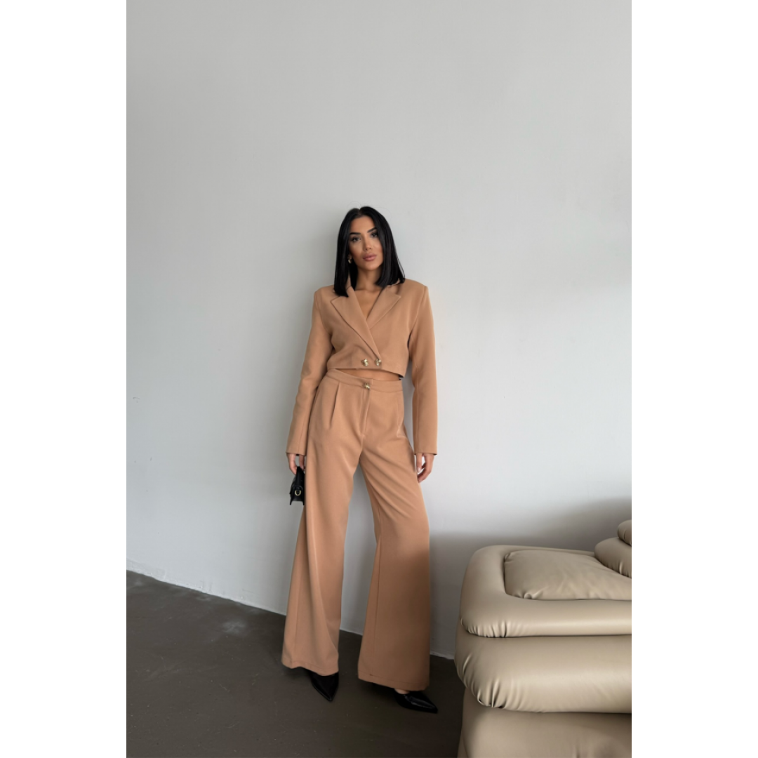 CROP CEKET - PANTOLON TAKIM GOLD DÜĞME DETAYLI - Kahverengi