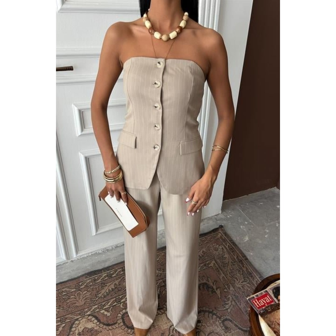 Straplez Büstiyerli Plazzo Pantolonlu Çizgili Takım 10151 159269 Straplez Büstiyerli Plazzo Pantolonlu Çizgili Takım 10151 159269