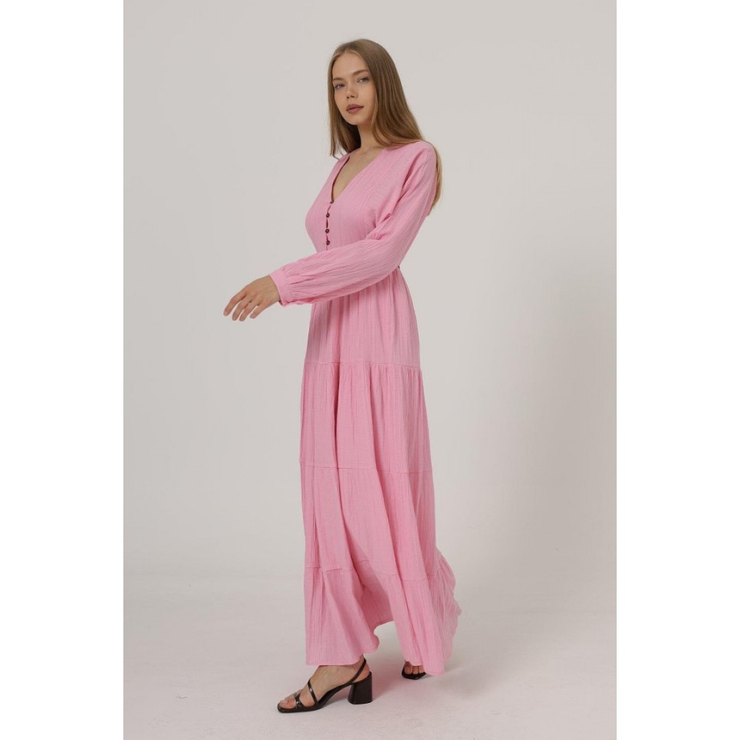 Önü Yarım Düğmeli Uzun Kol Kemerli Elbise - Pembe - 162564 Önü Yarım Düğmeli Uzun Kol Kemerli Elbise - Pembe - 162564