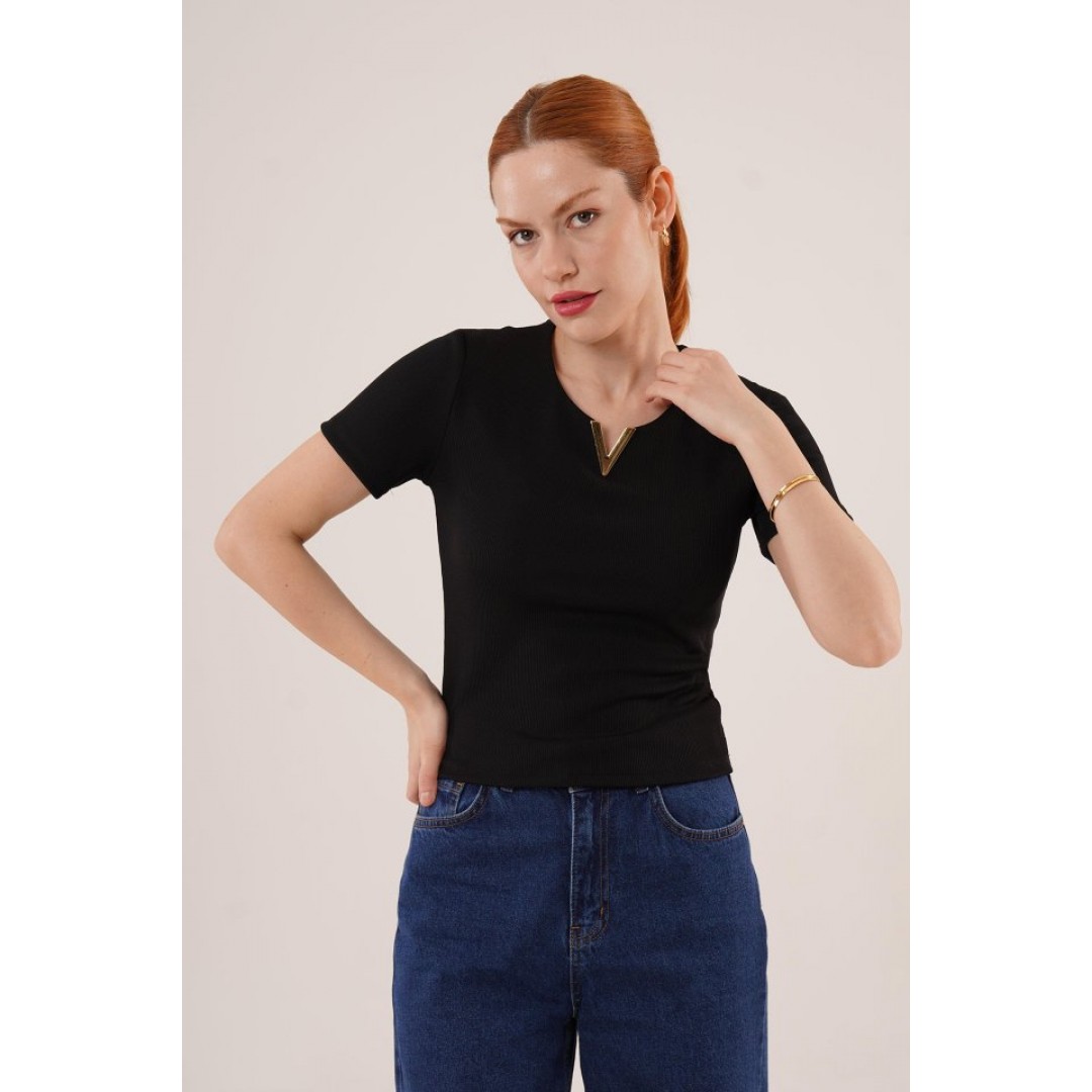 Kısa Kollu Yaka Detaylı Kaşkorse Siyah Bluz 149609 Kısa Kollu Yaka Detaylı Kaşkorse Siyah Bluz 149609