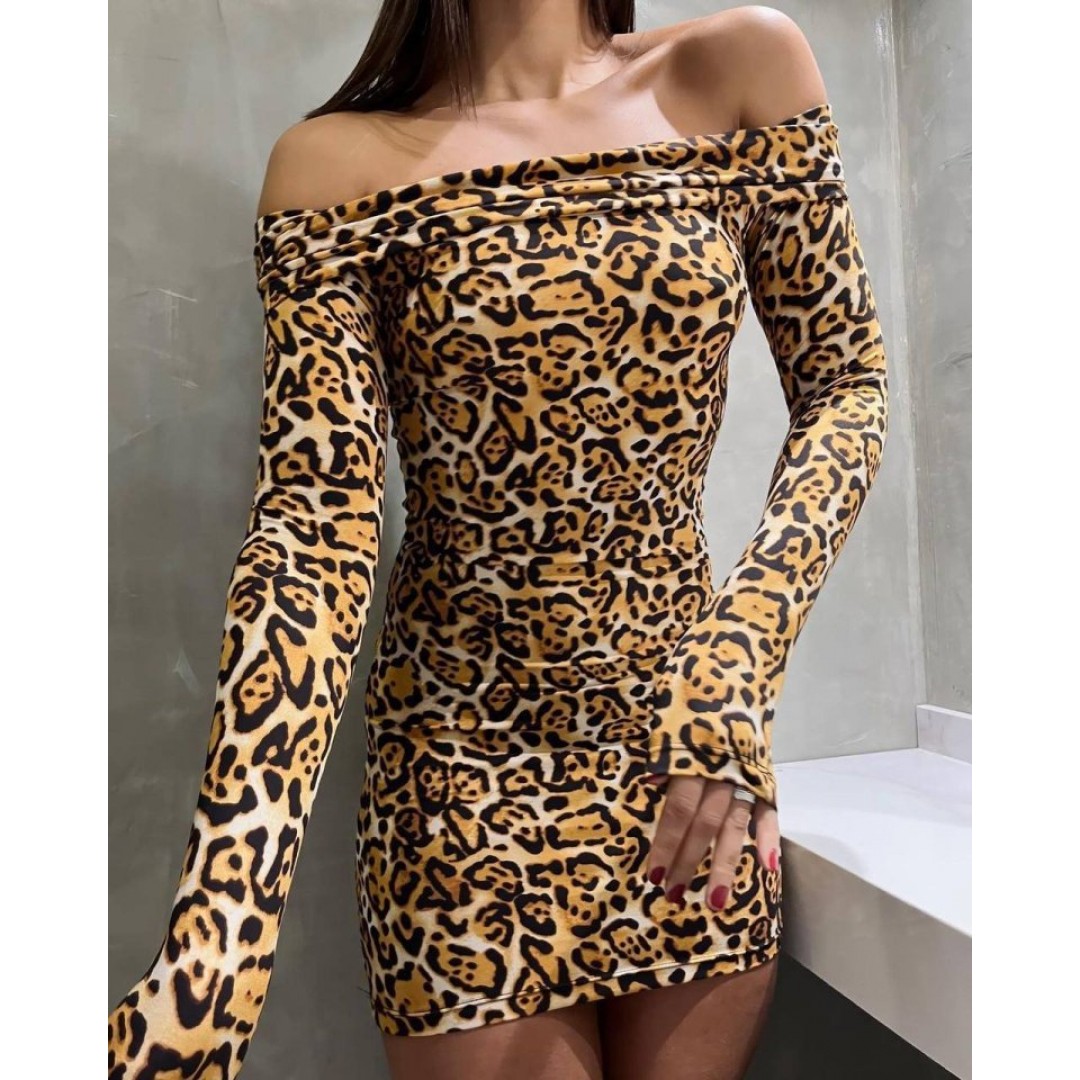 Kadın Madonna Mendil Yaka Leopar Desen Mini Elbise - 133873 Kadın Madonna Mendil Yaka Leopar Desen Mini Elbise - 133873