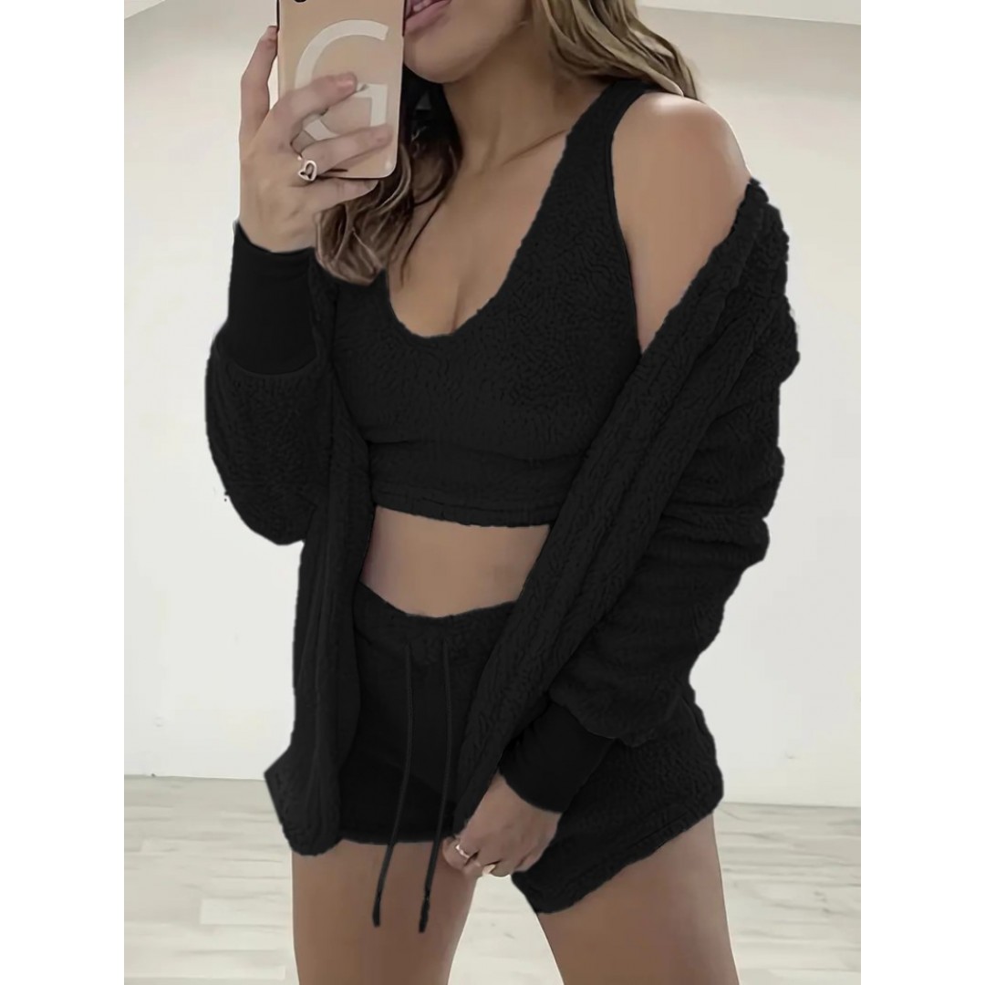 Kadın Uzun Kollu Ceket, Askılı Peluş Bluz Ve şort üçlü Takım 141293