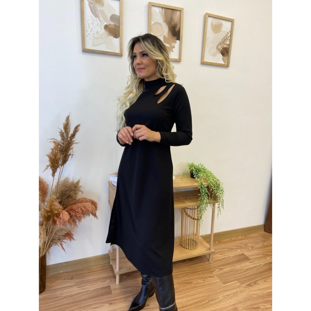 Kadın Uzun Kollu Balıkçı Yaka Omuzda Damla Detaylı Yırtmaçlı Krep Midi Elbise - 137239 Kadın Uzun Kollu Balıkçı Yaka Omuzda Damla Detaylı Yırtmaçlı Krep Midi Elbise - 137239
