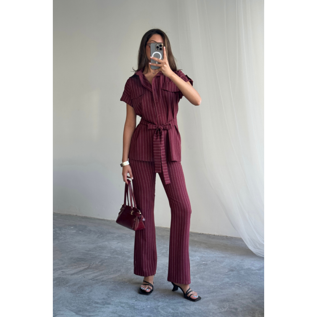 ÇİZGİLİ POLYVİSKON BLUZ - PANTOLON TAKIM - Bordo
