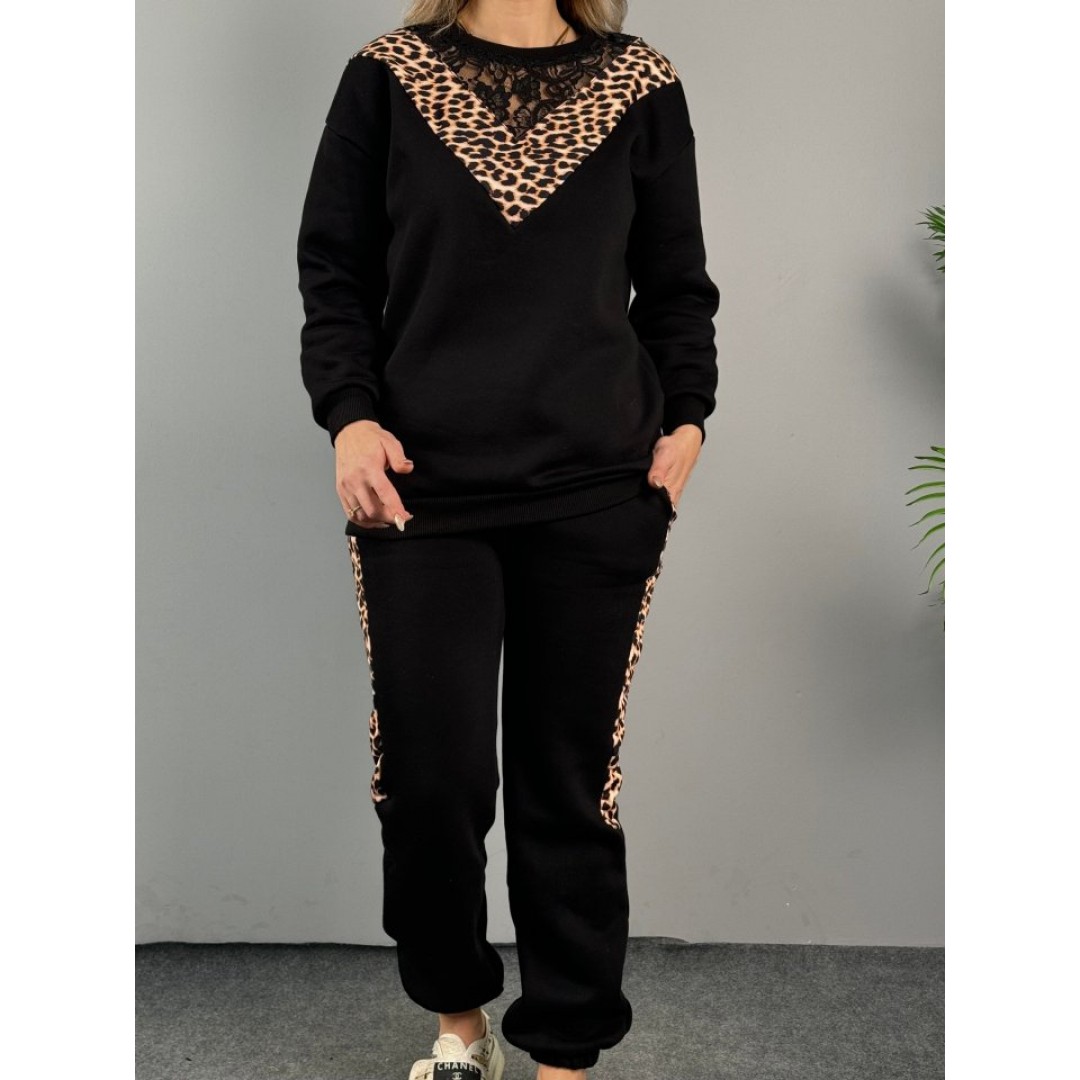 Kadın üç Iplik Kumaş Leopar Desenli Dantel Detaylı Ikili Takım 137869