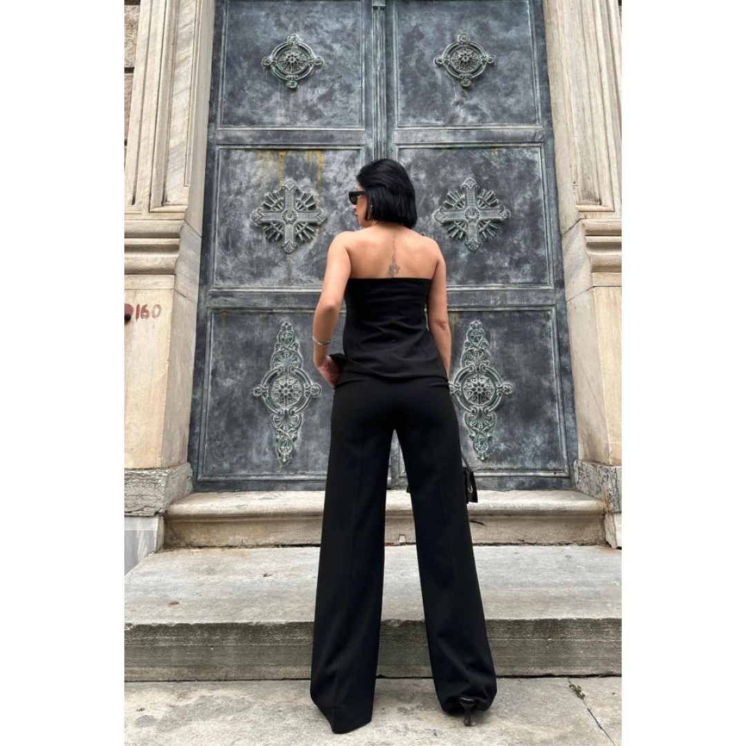 Siyah Straplez Düğmeli Crop Ve Pantolon Takım 152791 Siyah Straplez Düğmeli Crop Ve Pantolon Takım 152791