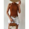 Kadın Kolsuz Halter Yaka Mini Baklava Desenli Triko Bluz - 159561 Kadın Kolsuz Halter Yaka Mini Baklava Desenli Triko Bluz - 159561