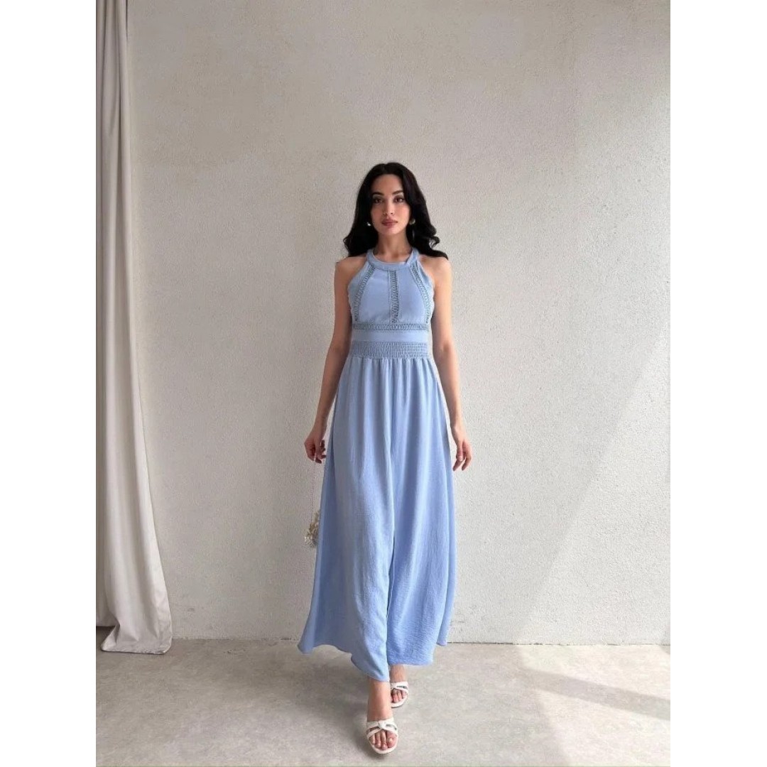 Kadın Krinkil Kumaş Beli Gipeli Halter Yaka Maxi Boy Elbise - 160439 Kadın Krinkil Kumaş Beli Gipeli Halter Yaka Maxi Boy Elbise - 160439