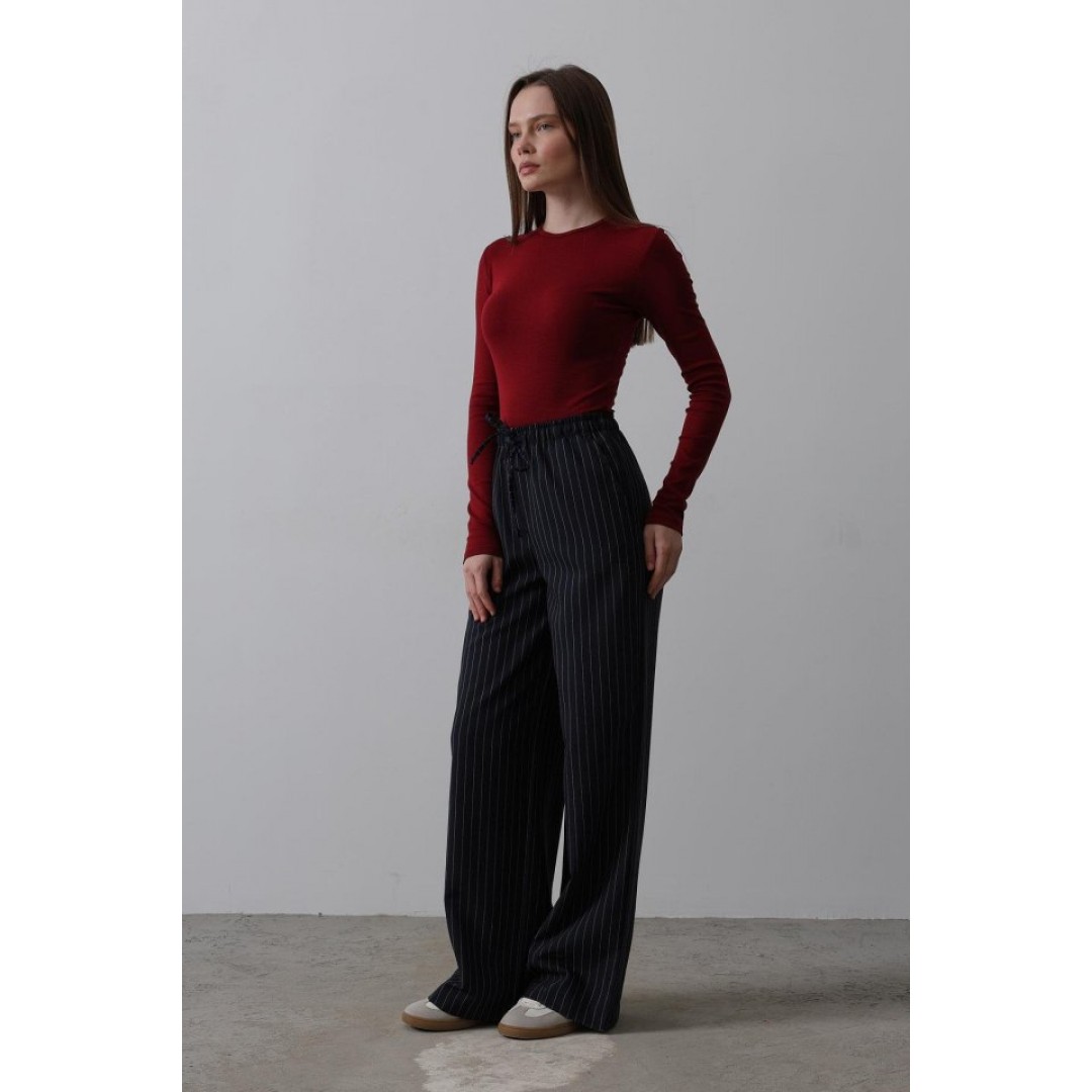 Beli Lastikli Bol Paça Pantolon - Lacivert-Beyaz 154074
