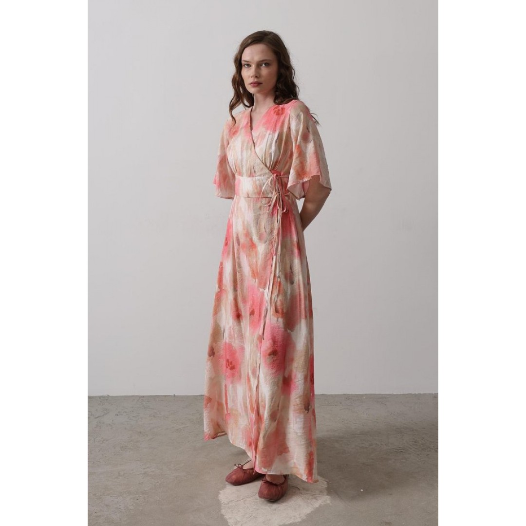 Yandan Bağlamalı Desenli Elbise - Pembe 160134 Yandan Bağlamalı Desenli Elbise - Pembe 160134