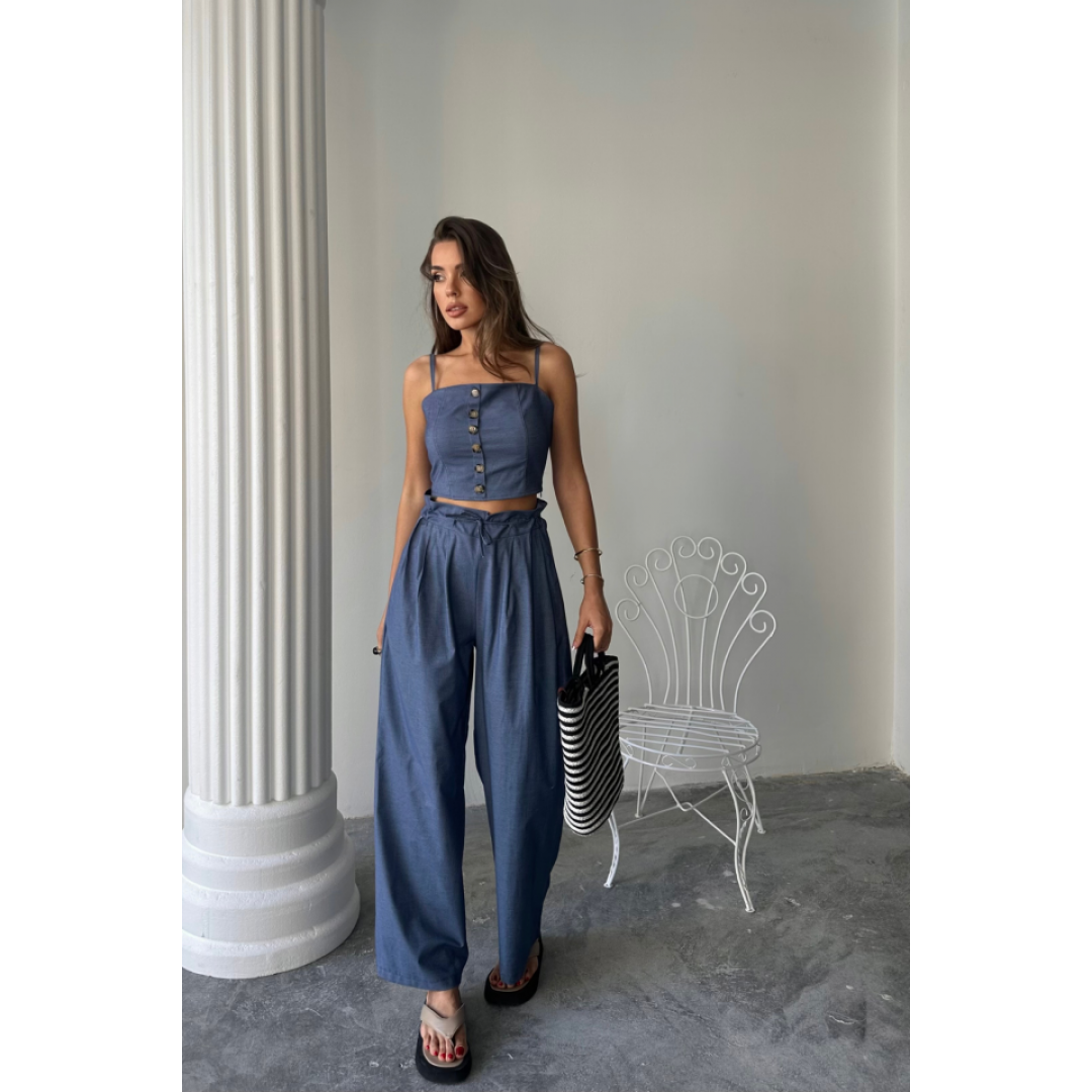 TENCEL CROP ASKILI BLUZ - ŞALVAR PANTOLON TK - İndigo