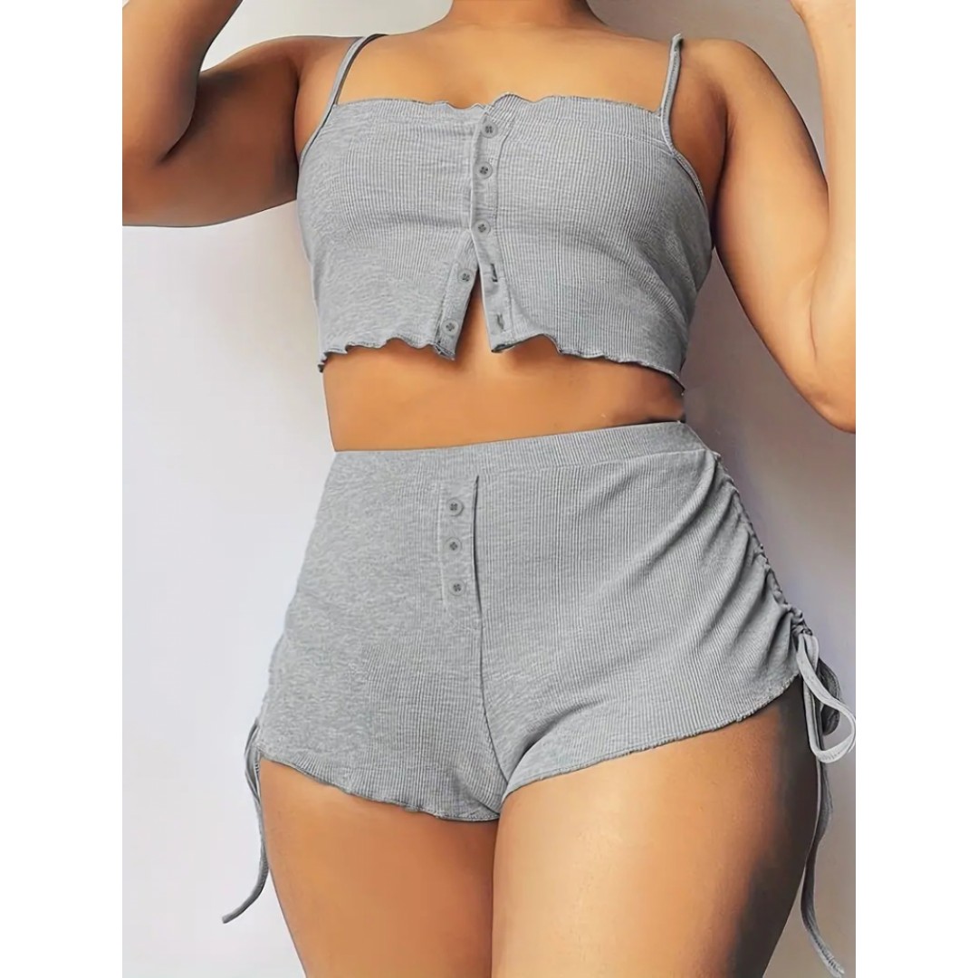 Kadın Ip Askılı Crop Bluz Ve Yanlardan Büzgülü Ikili Kaşkorse Short Takım 113893 Kadın Ip Askılı Crop Bluz Ve Yanlardan Büzgülü Ikili Kaşkorse Short Takım 113893