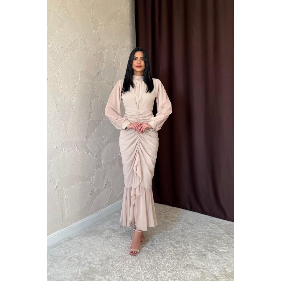 Bej Önü Büzgülü Şifon Elbise - 152313 Bej Önü Büzgülü Şifon Elbise - 152313