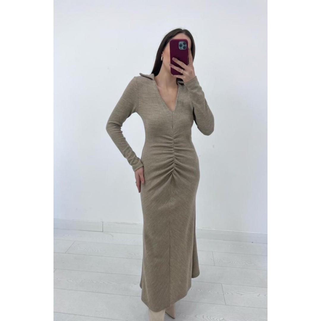 Bej Büzgülü Triko Balık Elbise - 151738 Bej Büzgülü Triko Balık Elbise - 151738